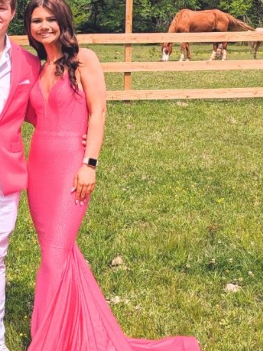 Fitted Pink Mermaid Evening Dress - Sleeveless V-Neck